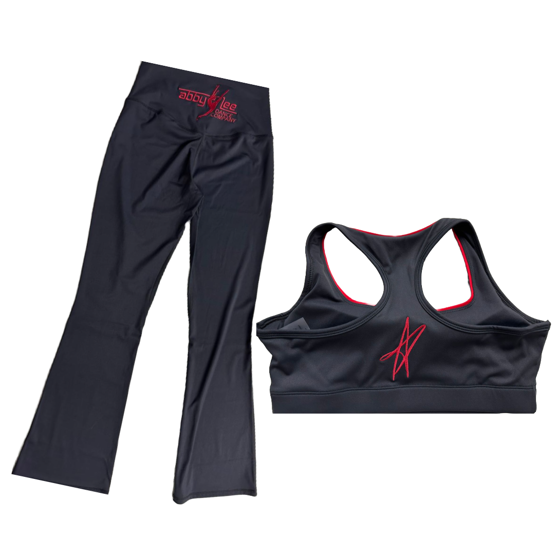 ALDC WORLDWIDE -BLACK WITH RED LOGO & STAR CROP TOP + BELL BOTTOM LEGGINGS SET