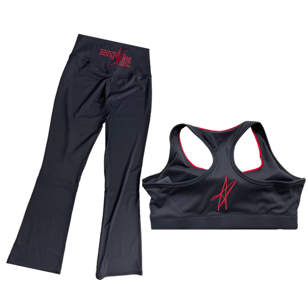 ALDC WORLDWIDE -BLACK WITH RED LOGO & STAR CROP TOP + BELL BOTTOM LEGGINGS SET